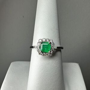 NWT .57ct cushion cut Emerald with a halo of diamonds in 14k WG ring!